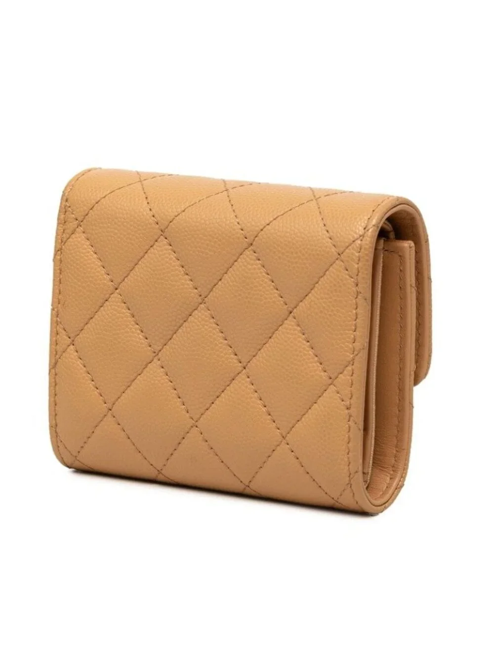 Chanel CC Logo Compact Wallet Trifold Beige Brown Canvas